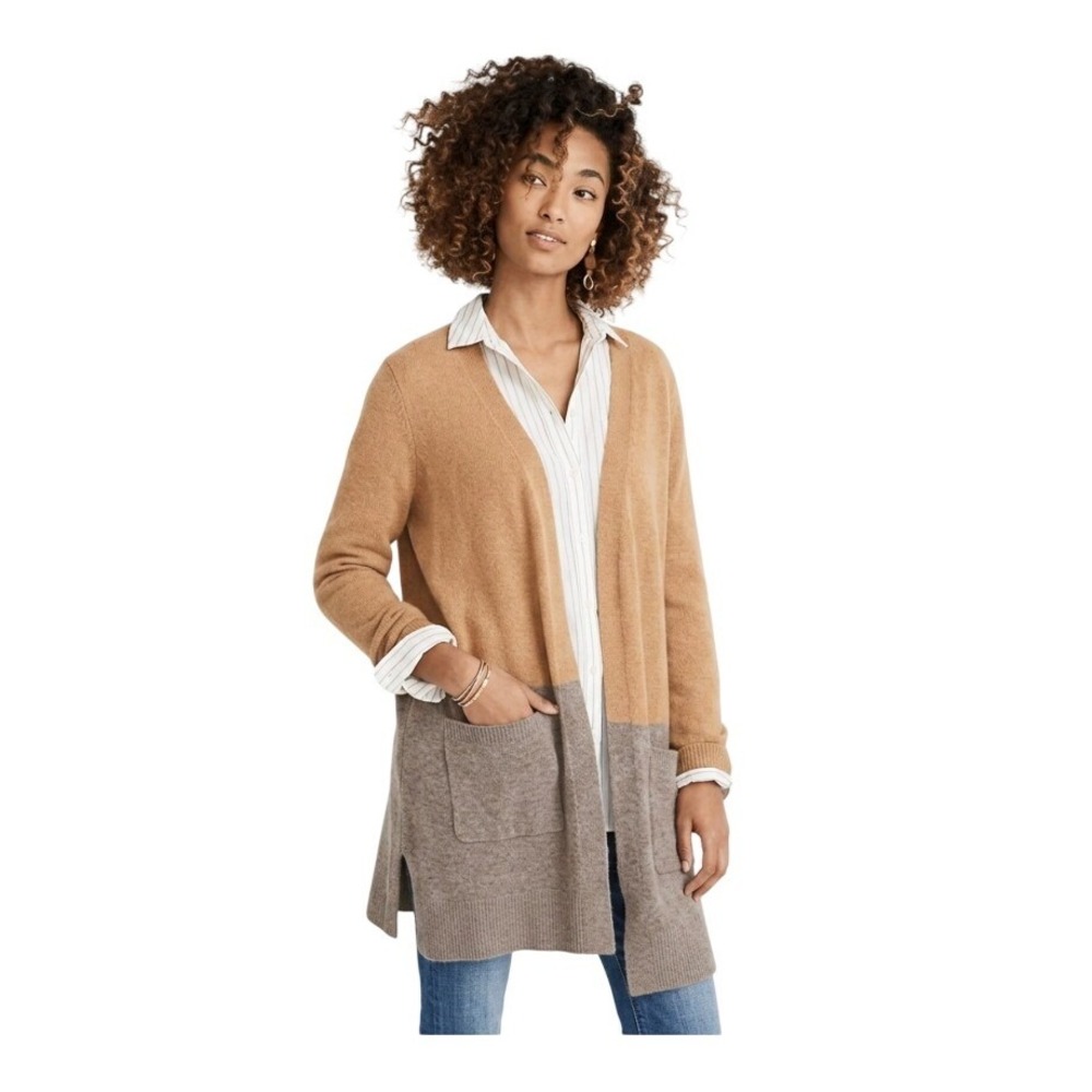 Madewell Kent Colorblock Cardigan Sweater Tan Gray Knit Alpaca Wool Long Sleeve